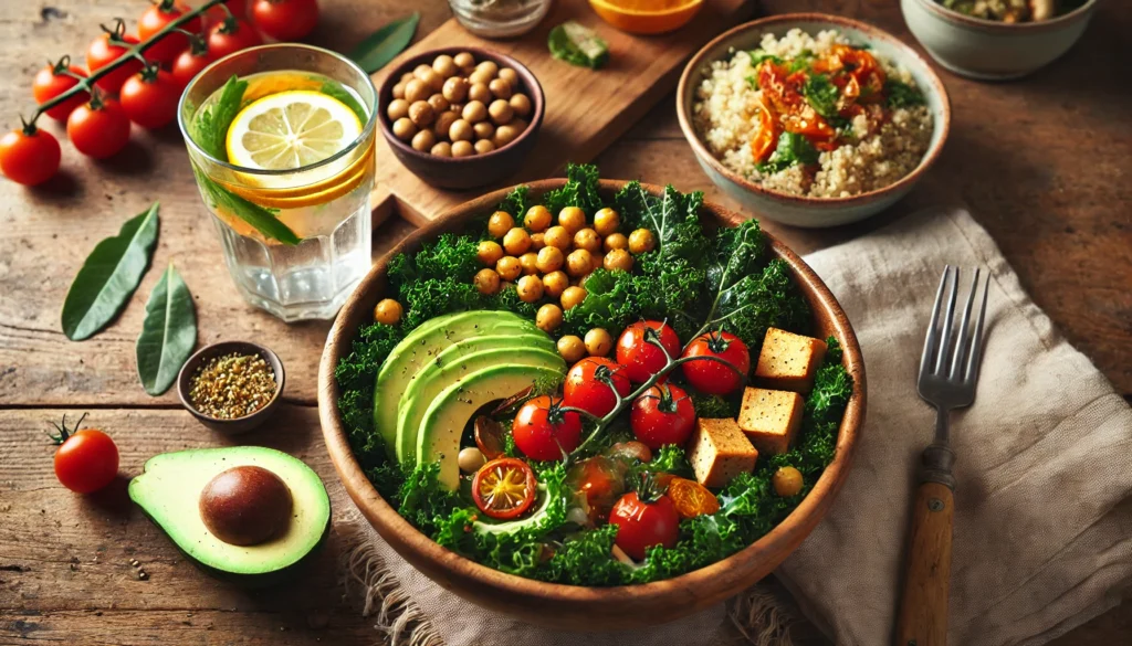 Best Flexitarian Diet Food List: Nutrient-Packed Choices for a Balanced, Plant-Based Lifestyle 3 A rustic wooden table set for a nutritious flexitarian meal, featuring a kale and chickpea salad, roasted tofu, quinoa, and citrus-infused water, illustrating the harmony of plant-based and occasional animal-based ingredients.