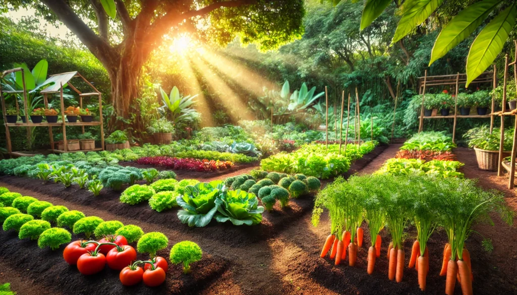 Best Fruit and Veg Diet Plan: How a Whole-Food Approach Supports Health and Longevity 3 A serene vegetable garden with neatly arranged rows of leafy greens, tomatoes on the vine, carrots peeking from the soil, and vibrant bell peppers, illuminated by warm sunlight streaming through lush trees.