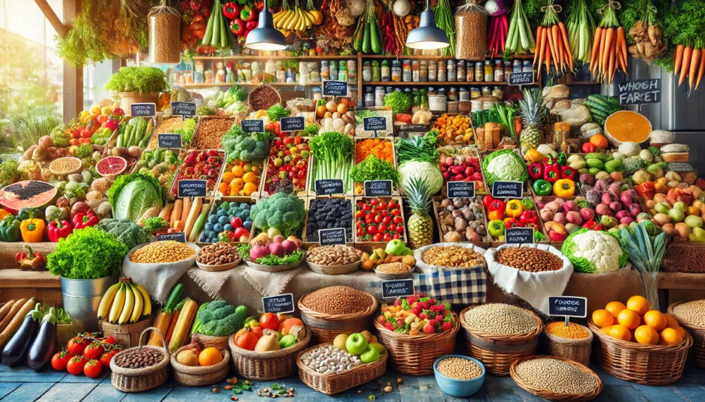 Best High-Fiber, Low-Calorie Foods to Support Weight Loss on a Plant-Based Diet 3 A lively farmer’s market scene showcasing a variety of high-fiber, low-calorie plant-based foods such as fruits, vegetables, legumes, and whole grains arranged in baskets under natural light.
