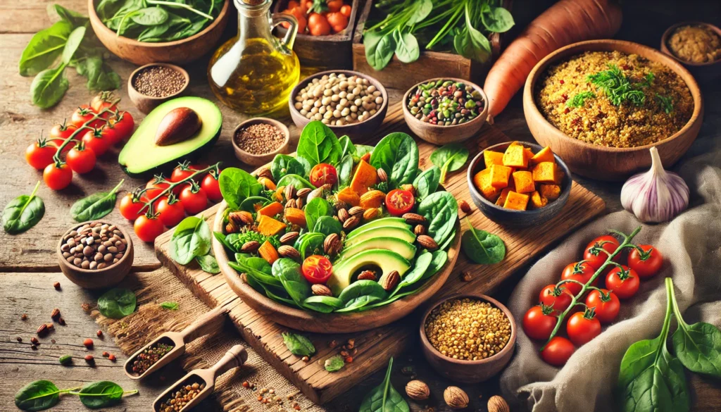 List of Plant-Based Foods: A Comprehensive Guide to Nutrient-Packed Choices for Optimal Health 3 A farm-to-table kitchen setting featuring a freshly prepared plant-based meal with a vibrant salad, roasted sweet potatoes, quinoa, and an assortment of fresh plant-based ingredients.