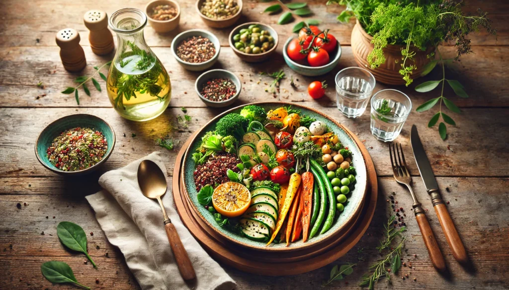 Best Whole-Food Plant-Based Diet Resources: Free Meal Plans, Grocery Lists, and PDFs 3 A beautifully plated whole-food plant-based meal on a rustic dining table, featuring roasted vegetables, quinoa, fresh greens, and legumes, with natural elements like herbs and infused water in the background.