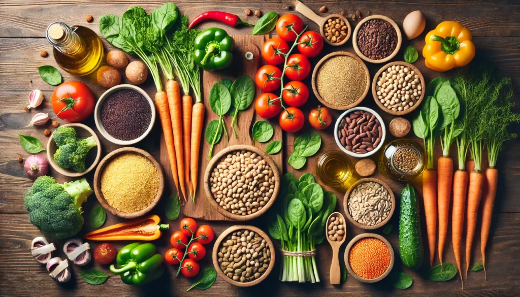 A top-down view of a wooden kitchen counter filled with plant-based staples, including fresh vegetables, whole grains, legumes, nuts, seeds, and a bottle of olive oil.
