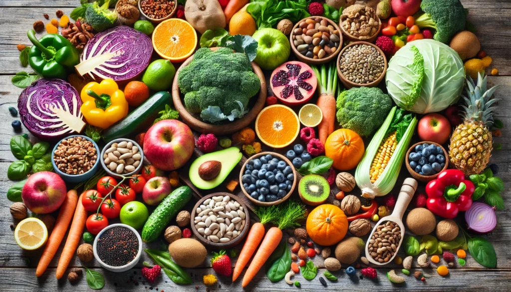 Understanding the Plant-Based Diet: Definition, Benefits, and How to Get Started 3 A vibrant assortment of fresh plant-based foods, including colorful fruits, vegetables, nuts, seeds, and legumes, arranged on a rustic wooden table. The composition highlights the natural textures and variety of a plant-based diet.