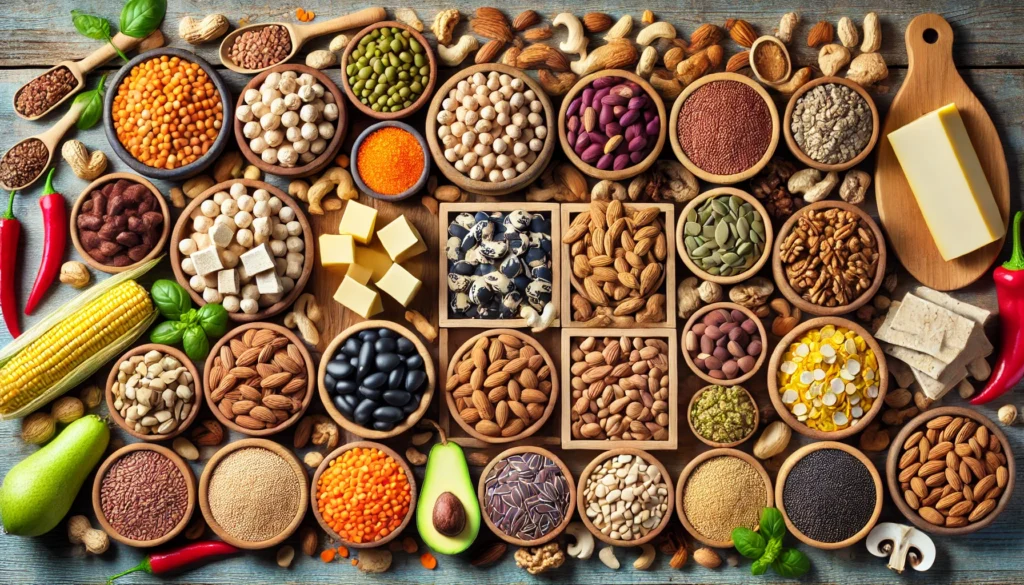 : A colorful and diverse spread of plant-based protein sources arranged on a rustic wooden table, including chickpeas, lentils, black beans, nuts, seeds, tofu, tempeh, quinoa, and brown rice in small bowls and trays.
