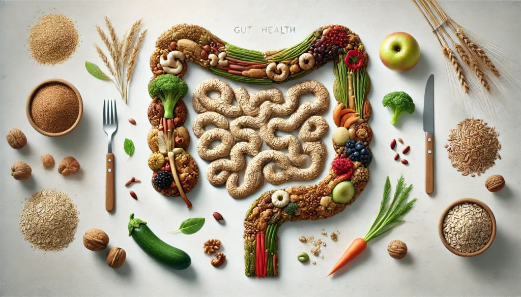 A creative gut health concept featuring an artistic illustration of the digestive system formed using fiber-rich foods like oats, nuts, whole grains, and vegetables, symbolizing the connection between high-fiber carbohydrates and a healthy gut, set against a clean white background with soft natural lighting.