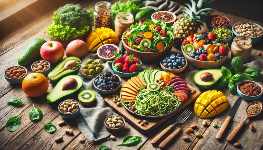 A vibrant spread of raw vegan foods on a rustic wooden table, featuring fresh fruits, leafy greens, nuts, seeds, a vegetable salad with avocado and sprouts, and zucchini noodles with creamy cashew sauce, illuminated by natural light.