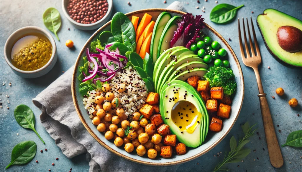 What Does Vegan Mean in Food? Understanding the Definition, Diet, and What Vegans Eat 3 A vibrant assortment of fresh vegan food including colorful fruits, vegetables, nuts, grains, and legumes arranged on a wooden table, highlighting the diversity of plant-based ingredients.