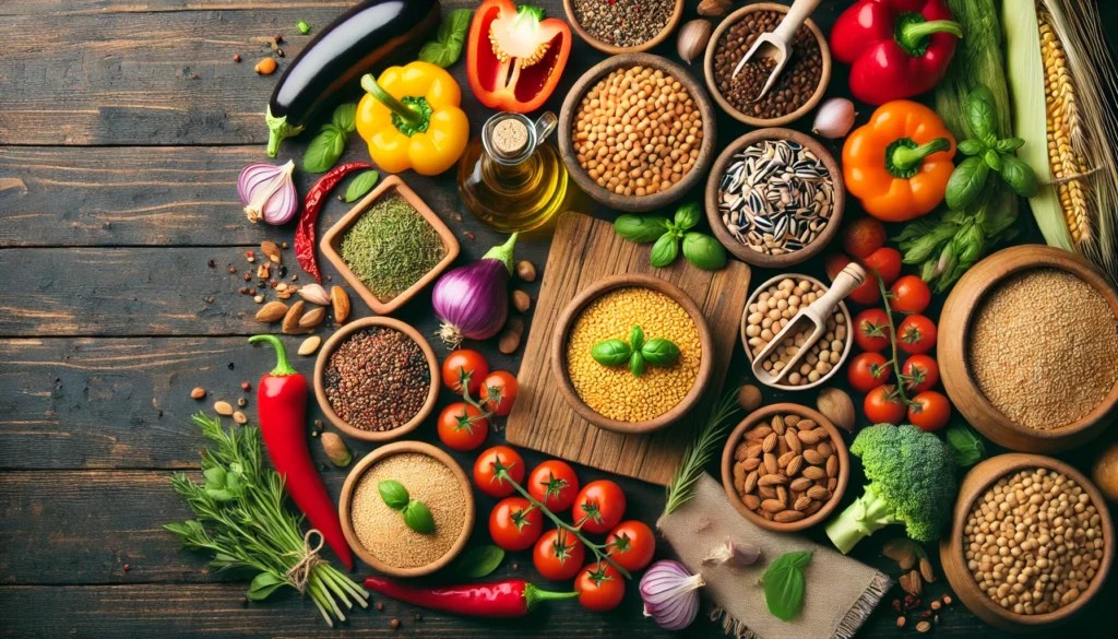 How to Start a Vegetarian Mediterranean Diet: A Practical Guide to Healthful Eating Backed by Science 3 Flat lay of fresh vegetarian Mediterranean diet ingredients on a dark wooden surface, including legumes, whole grains, colorful vegetables, herbs, nuts, and a bottle of olive oil arranged aesthetically.