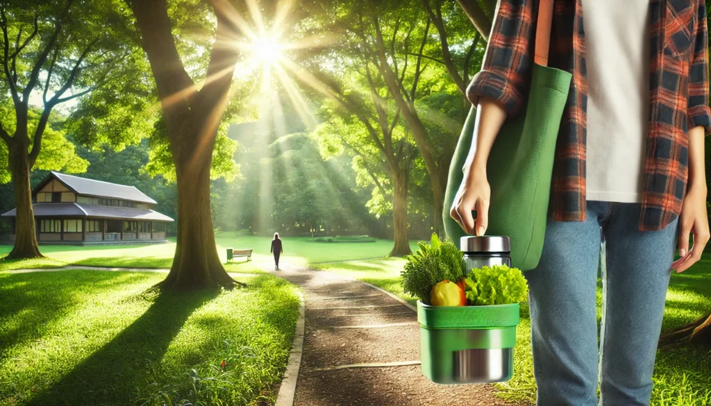 How to Lose Weight with a Plant-Based Diet: Science-Backed Strategies for Sustainable Success 3 A peaceful outdoor setting with a person walking through a green park holding a reusable container of plant-based food, illustrating active living and mindful eating habits.