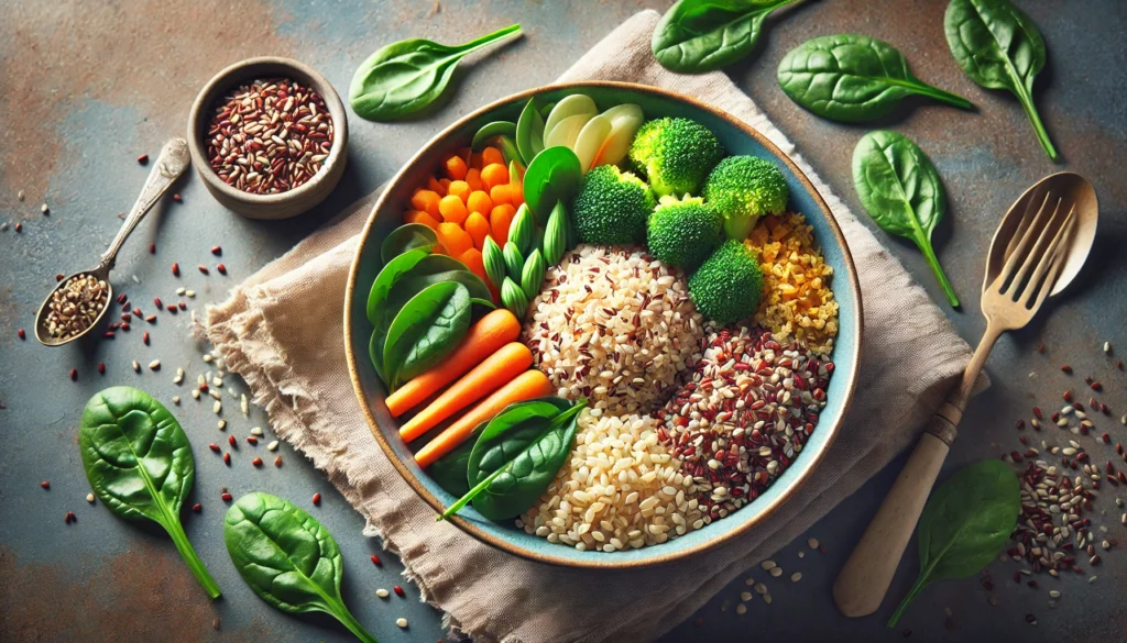 How to Build a Whole Food Diet Plan: Healthy Whole Foods to Include for Optimal Wellness 3 A nourishing bowl of mixed whole grains such as quinoa and brown rice, combined with colorful vegetables like spinach and carrots, highlighting a balanced, nutrient-rich meal.