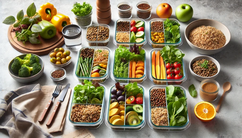 A neatly organized meal prep layout featuring glass containers filled with whole food plant-based dishes such as lentils, roasted vegetables, brown rice, and fresh greens on a clean kitchen counter.