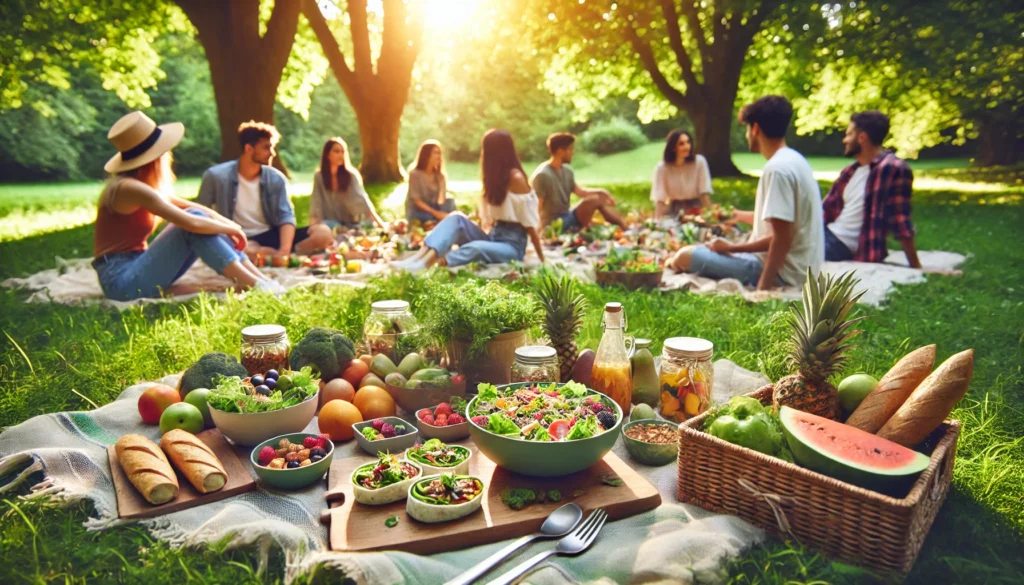 Why Do People Become Vegetarians? Exploring the Top 10 Benefits of a Vegetarian Lifestyle Backed by Science 3 A diverse group of people enjoying a peaceful outdoor picnic with plant-based foods like salads, fruit, and wraps under sunlit trees in a green park.