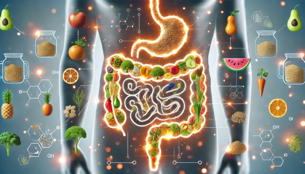 Artistic representation of a healthy digestive system formed by fruits, vegetables, and grains, conveying gut health benefits of a two week plant-based diet.