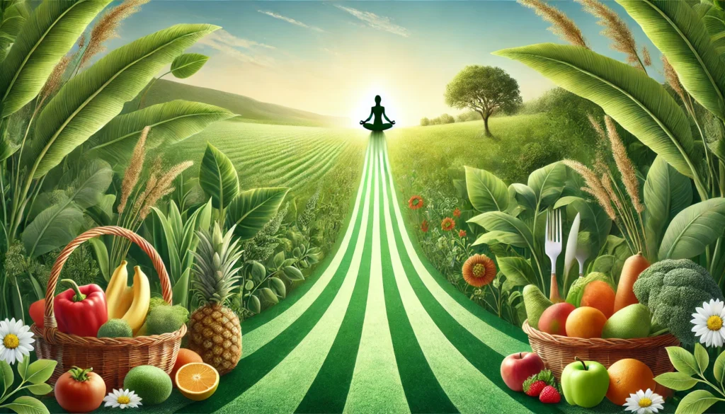 Do Vegans Live Longer Than Meat Eaters? What the Latest Research Says About Vegan Life Expectancy and Longevity 3 A symbolic green path winding through a lush forest with hints of healthy living like fruits and yoga figures, representing the journey of increased longevity through a vegan lifestyle.