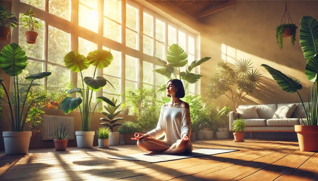 What Happens to Your Body When You Stop Eating Meat? Science-Backed Benefits, Side Effects, and What to Expect 3 A calm individual meditating in a bright, plant-filled room, representing emotional clarity and mental balance experienced after quitting meat as part of a plant-based lifestyle.