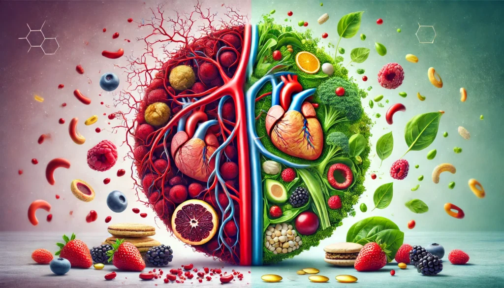 Symbolic visual comparing clogged arteries from processed foods with healthy organs nourished by nutrient-rich plant-based foods like berries and leafy greens, representing the health benefits of veganism.