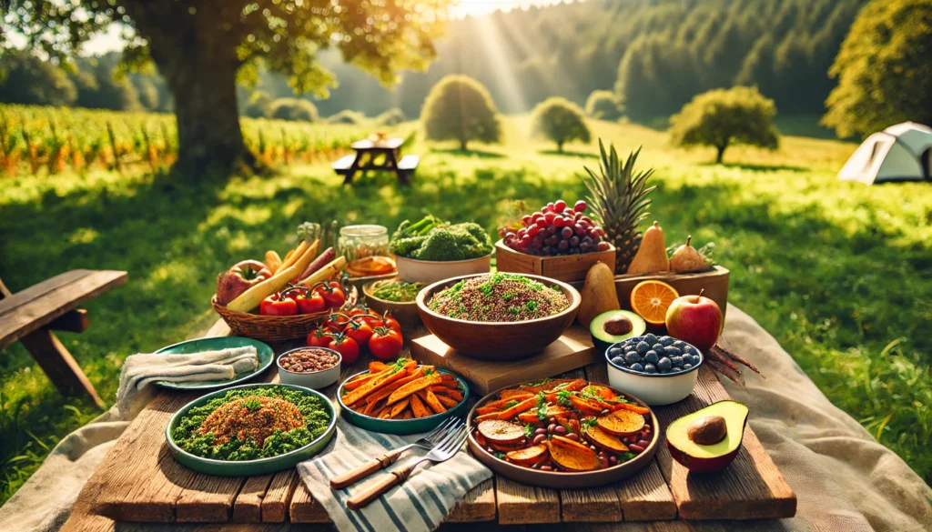 Best Plant-Based Carbs for Energy and Health: What Science Says About Vegetarian Carbohydrates 3 Outdoor picnic spread with plant-based dishes like quinoa salad, bean stew, roasted vegetables, and fresh fruit in a sunny, green meadow setting.
