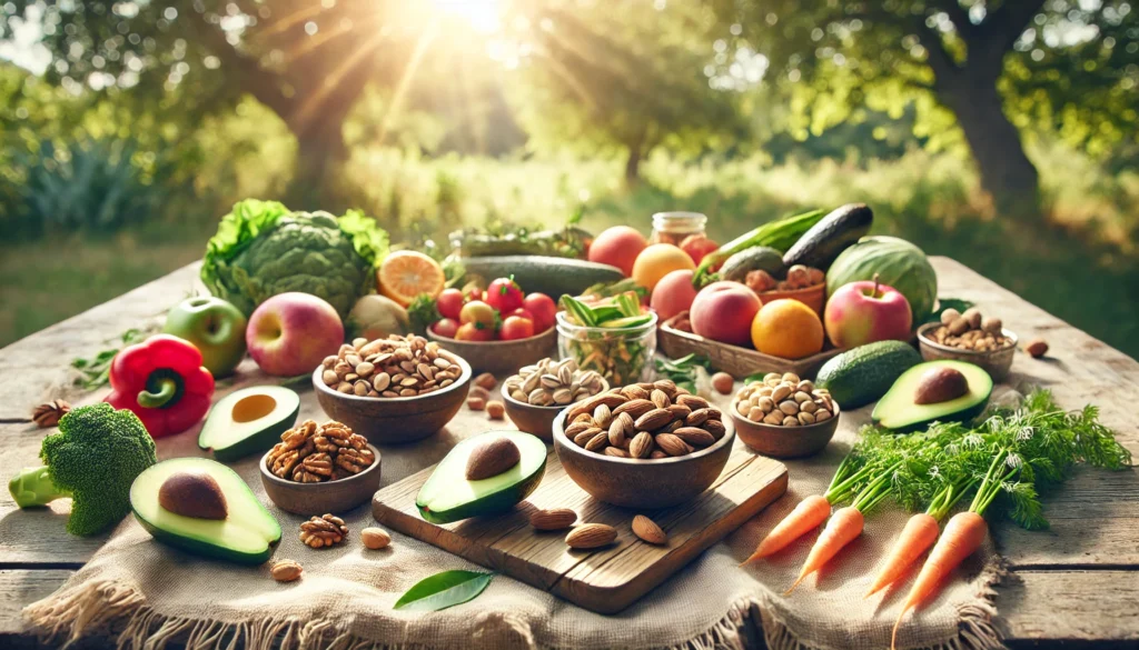 Outdoor picnic scene with bowls of raw nuts, fresh vegetables, and fruits on a natural cloth, reflecting the essence of whole-food, plant-based eating.