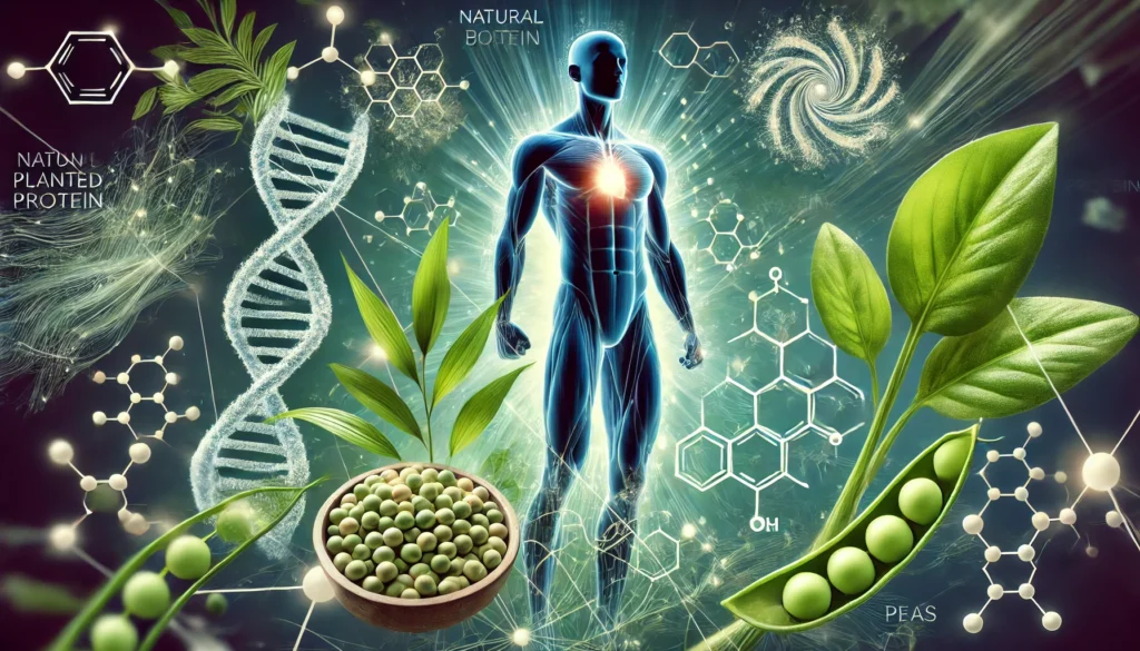 Futuristic scientific visualization of a human body silhouette with glowing muscles alongside floating molecules and natural plant-based proteins like spirulina and soybeans.