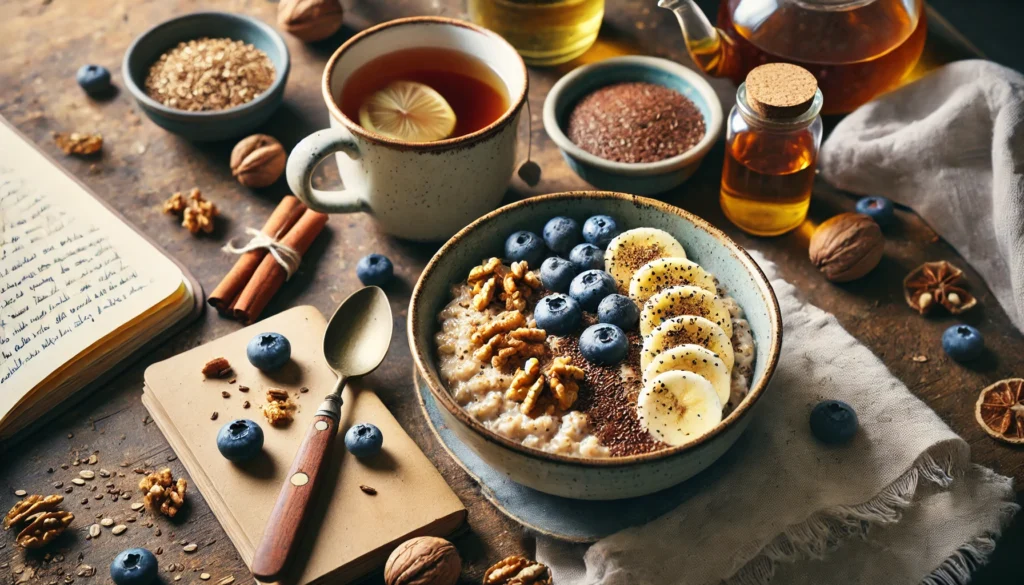 Boost Your Brain and Body: The Best Foods for Energy and Concentration Backed by Science 3 Warm morning scene of a bowl of oatmeal topped with bananas, flaxseed, blueberries, and walnuts, accompanied by herbal tea and a notebook, evoking energy, mindfulness, and mental focus to start the day.
