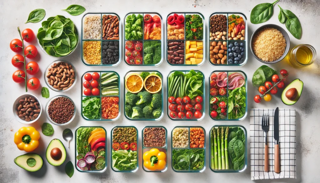 How to Build a Nutrient Dense Diet Plan for Weight Loss and Better Health: What the Science Says 3 Organized weekly meal prep with glass containers of grains, beans, greens, roasted vegetables, and fruits, visually illustrating practical healthy diet planning.