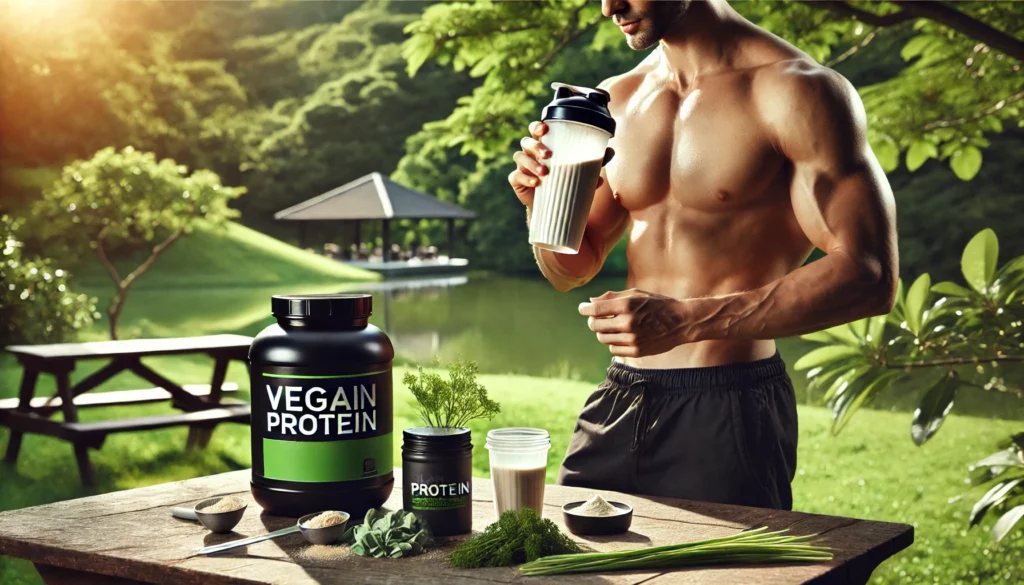 The Best Vegan Protein Powder for Muscle Gain, Weight Loss, and Clean Nutrition: What Science Says About Plant-Based Protein Supplements 3 Fit male athlete outdoors after a workout, drinking a vegan protein shake with a lush green background and natural ingredients nearby, highlighting post-exercise recovery with plant-based protein.