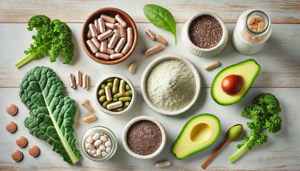 Minimalist flat-lay of vegan capsules, powdered supplements, chia seeds, kale, and avocado on a light wooden surface, emphasizing clean and balanced vegan nutrition.