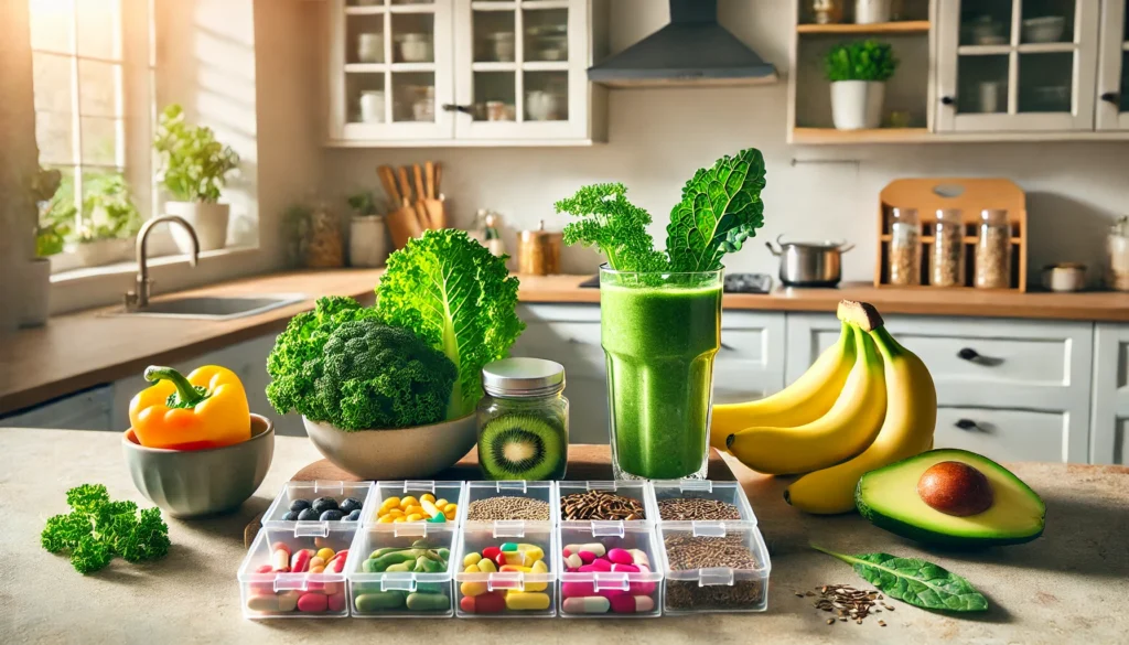 What Vitamins Do Vegetarians Need? Essential Supplements for a Balanced Plant-Based Diet Backed by Science 2 Green smoothie with kale, flax, avocado, and a pill organizer on a modern kitchen counter, representing a balanced approach to vegetarian nutrition.