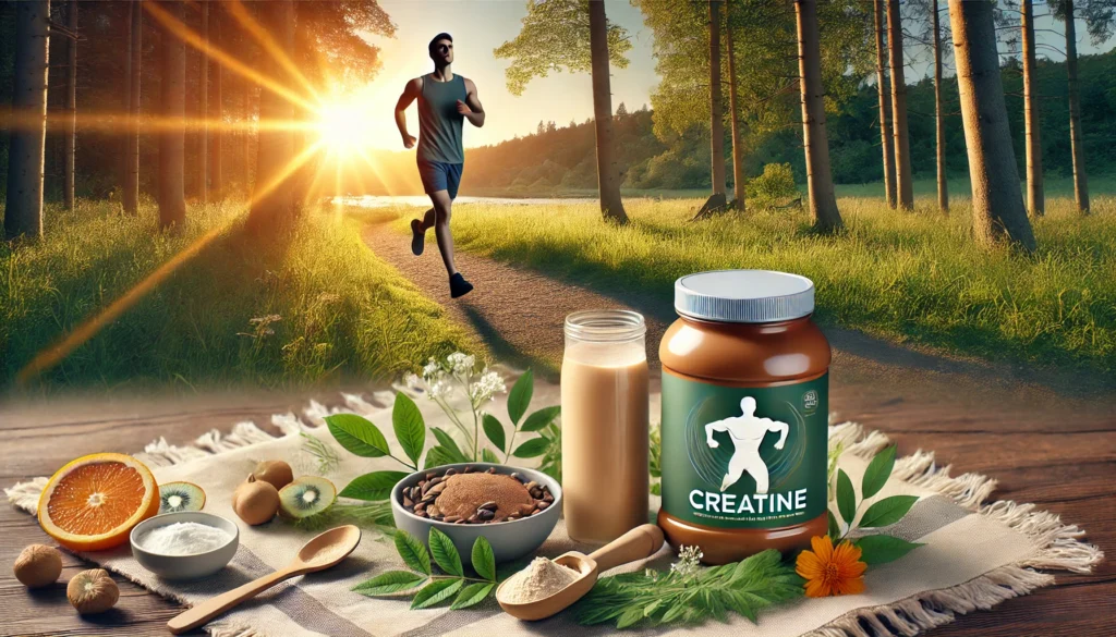 How Creatine Fits Into a Vegetarian Diet: What Science Says About Benefits, Sources, and Supplementation 3 Energetic young adult jogging through a forest at sunrise, with a picnic blanket displaying plant-based foods and creatine supplement, representing vitality and recovery in a vegetarian lifestyle.