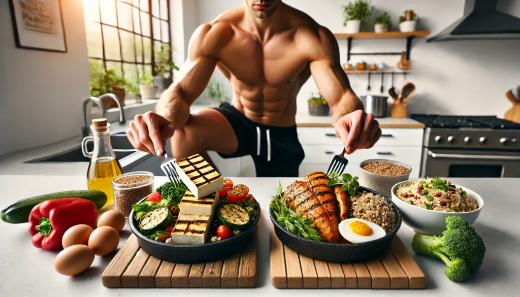 How Plant Protein Compares to Animal Protein: Benefits, Differences, and What the Science Says 3 An athletic individual preparing two contrasting meals—one plant-based and one animal-based—on a modern kitchen counter to represent protein source comparison.
