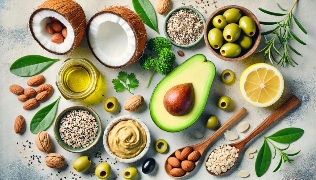 Healthy Vegan Fats: The Best Plant-Based Fat Sources for Energy, Nutrient Absorption, and Overall Wellness 3 Flat lay of whole food plant-based fat sources on stone background, including avocado, mixed nuts, coconut slices, olives, sesame seeds, almond butter, herbs, and lemon wedges.