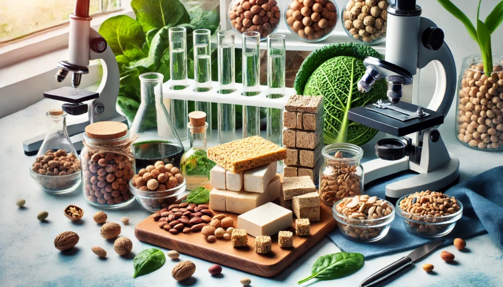 Scientific lab table combining vegetarian protein foods like nuts, seeds, and leafy greens with research equipment including beakers and microscopes under bright lighting.