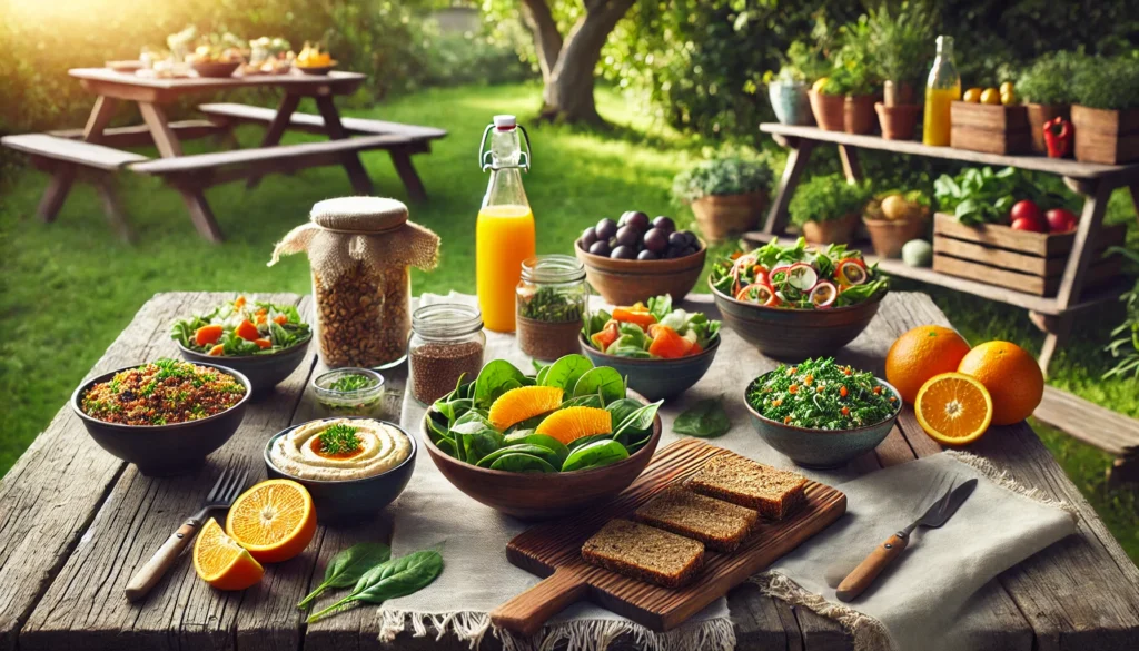 How to Get Enough Iron as a Vegetarian: Best Plant-Based Sources and Science-Backed Tips for a Healthy Diet 3 An outdoor vegetarian picnic scene with iron-rich vegan dishes such as hummus, spinach salad with oranges, quinoa mix, and whole grain bread under soft natural light.