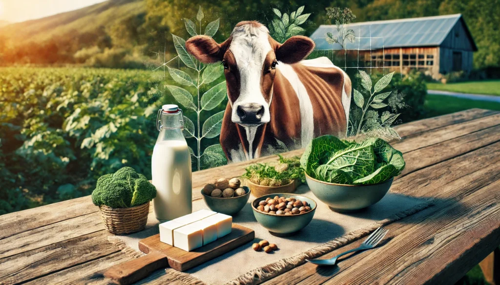 Is Milk Vegetarian? What Science Says About Dairy, Butter, Yogurt, and the No Meat No Dairy Diet 3 Farm-to-table inspired scene with a cow beside traditional dairy foods contrasted against a vibrant table of tofu, nuts, and leafy greens, evoking the ethical and dietary decisions faced by vegetarians.