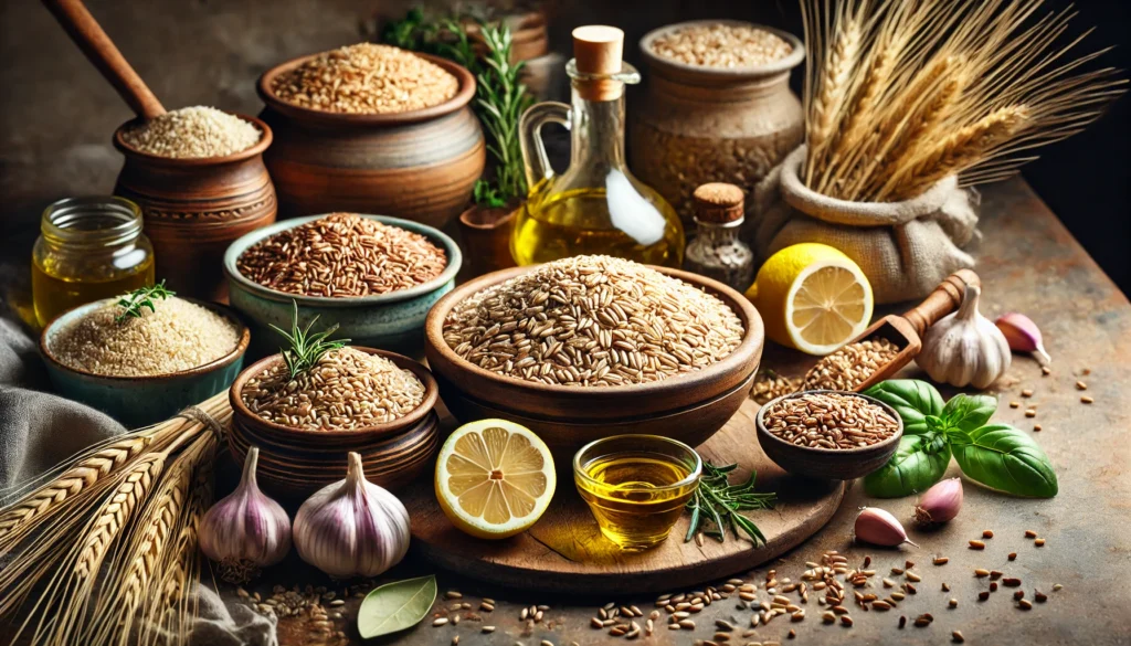 How Mediterranean Grains Support Whole-Body Health: The Science Behind the Whole Grains Mediterranean Diet 3 Rustic still life of raw Mediterranean grains including bulgur, millet, and spelt in wooden bowls, accented with herbs, garlic, lemons, and olive oil under natural light.
