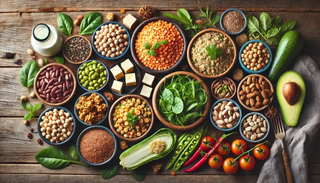 Best Dairy-Free Protein Sources for a Plant-Based Diet: Top Non-Dairy Protein Foods Backed by Science 3 Top-down view of a colorful spread of dairy-free plant-based protein foods, including lentils, tofu, chickpeas, quinoa, and leafy greens arranged on a rustic wooden table.