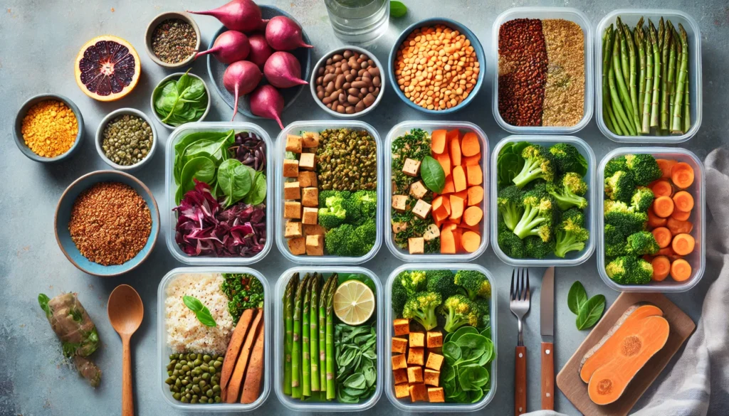 Best Red Meat Substitutes for a Healthier Diet: Expert-Recommended Non Red Meat List and Alternative Protein Sources 3 A weekly plant-based meal prep layout displaying organized containers of lentils, tofu, quinoa, steamed vegetables, and greens, symbolizing clean eating and high-protein meat-free planning.