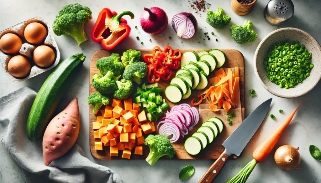 A clean kitchen countertop with prepped sweet potatoes, broccoli, bell peppers, zucchini, and red onions on a cutting board, highlighting healthy vegetable preparation for nutritious meals.