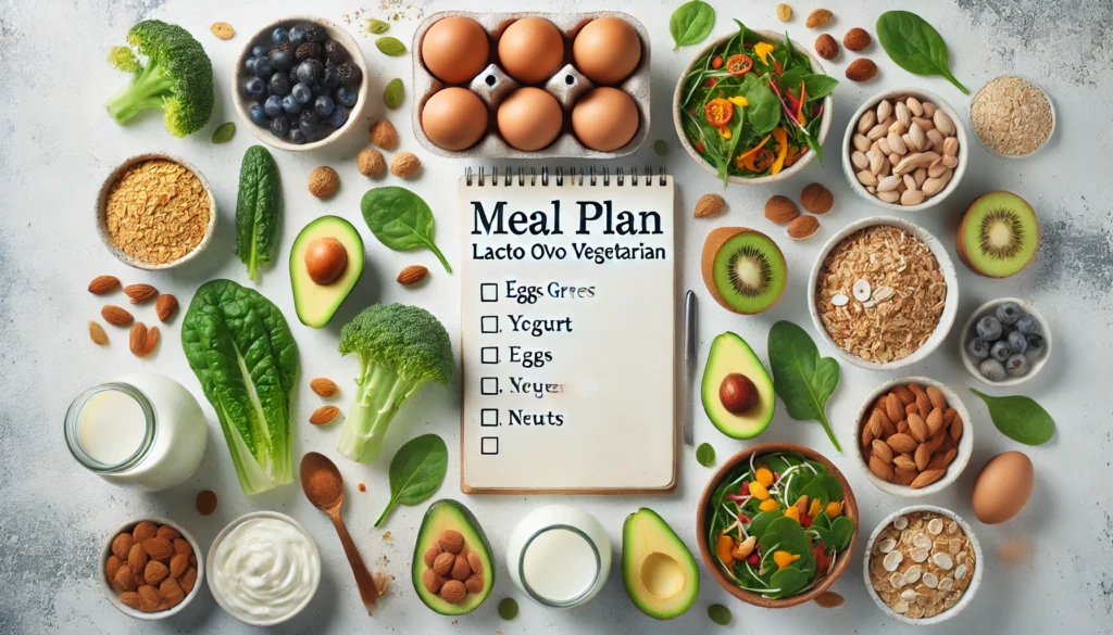 What Is a Lacto Ovo Vegetarian Diet? Health Benefits, Food List, and How It Compares to Other Plant-Based Eating Styles 3 Flat lay of a health-themed meal prep setup with lacto ovo vegetarian foods such as leafy greens, grains, yogurt, eggs, fruits, nuts, and legumes arranged around a blank notepad.
