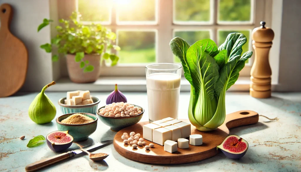 Best Plant-Based Calcium Sources for Strong Bones: How to Get Enough Calcium on a Vegan or Vegetarian Diet 3 Sunlit kitchen counter with bok choy, tahini, tofu, white beans, figs, and a glass of fortified oat milk arranged on a wooden board, symbolizing natural vegetarian sources of calcium.