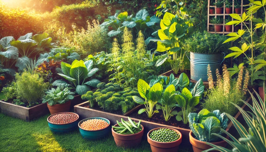 Best Plant-Based Protein Sources for a High-Protein Vegan Diet: What Science Says About Meeting Your Needs Naturally 3 Lush garden scene with soybeans, peas, lentils, spinach, kale, and quinoa growing in raised beds under soft morning light.