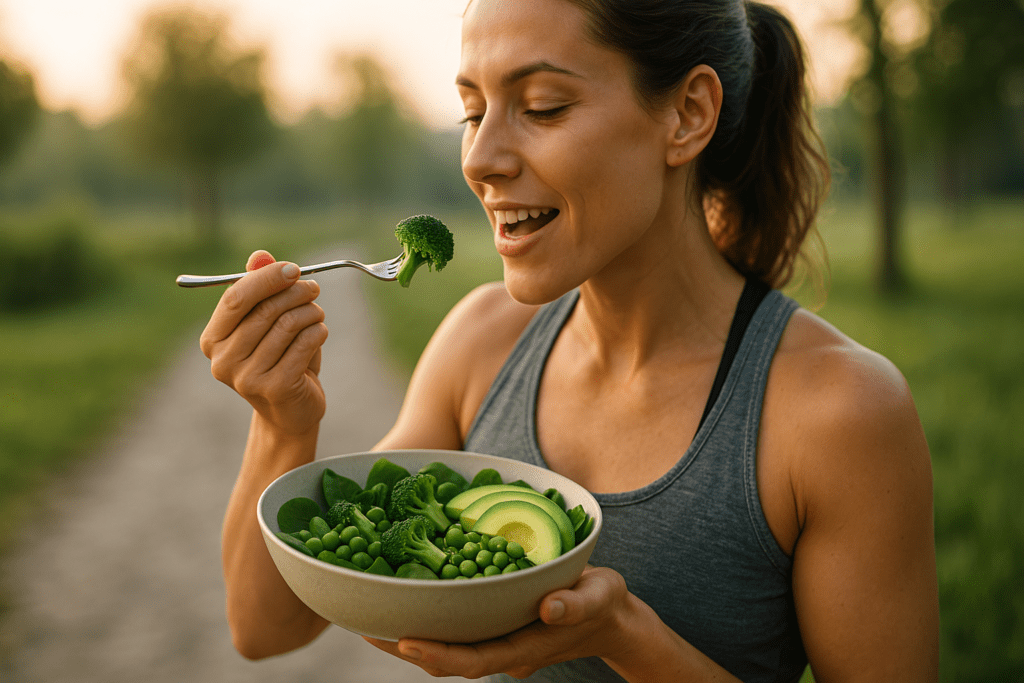 Best Foods High in Protein Vegetables: How to Build a Science-Backed Protein and Veggie Diet for Optimal Health 3 A fit woman with light skin and brown hair smiles as she enjoys a protein-rich vegetable salad outdoors, holding a forkful of broccoli. Bathed in soft natural morning light, the peaceful park setting and vibrant greens of her avocado, spinach, peas, and broccoli bowl visually emphasize the health benefits of high-protein vegetables in a science-backed diet.