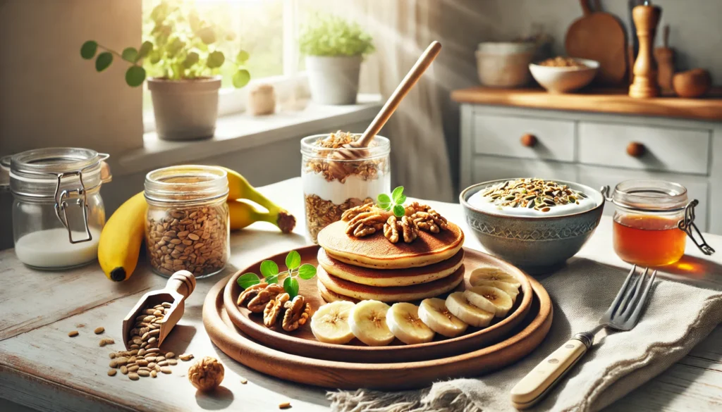 A bright and airy kitchen scene featuring a breakfast platter with whole grain pancakes topped with bananas and walnuts, a bowl of mixed seeds, and Greek yogurt with honey, illuminated by sunlight streaming through a nearby window.