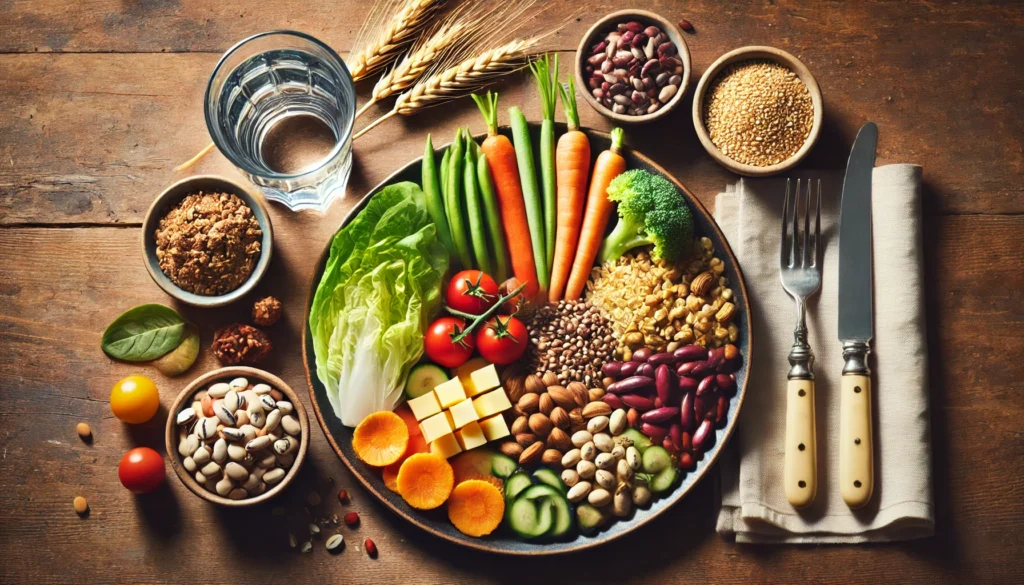 Is Too Much Fiber Bad for You? Signs, Symptoms, and How to Find Balance 3 A balanced meal plate featuring a variety of fiber-rich foods such as vegetables, legumes, and whole grains, paired with a glass of water. The arrangement symbolizes healthy fiber consumption with an emphasis on moderation.