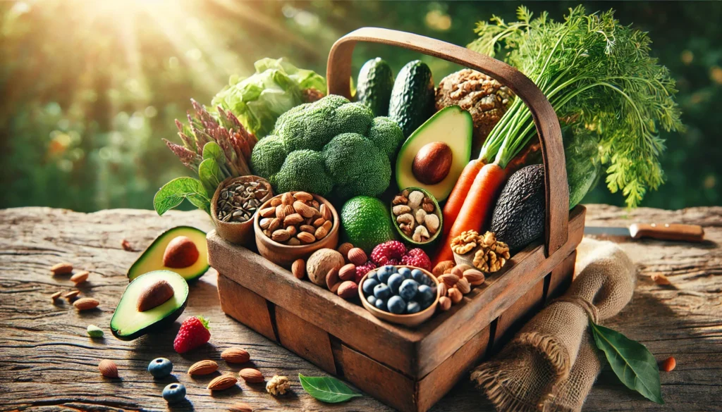 A rustic wooden basket overflowing with high-fiber Paleo foods, such as fresh vegetables, ripe avocados, mixed nuts, seeds, and an assortment of berries, illuminated by soft sunlight.