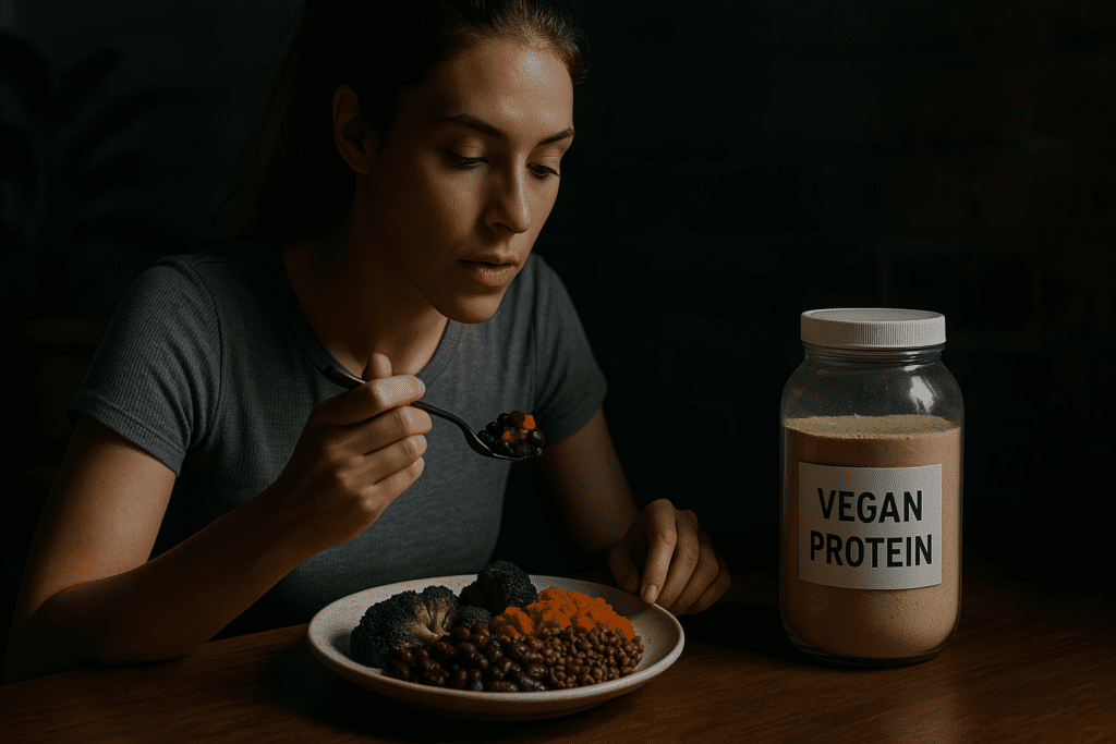 How to Get Complete Protein on a Plant-Based Diet: Best Vegan and Vegetarian Protein Combinations Backed by Science 3 A young woman in moody lighting focuses on a plate of lentils, beans, broccoli, and sweet potatoes, with a labeled jar of vegan protein beside her. The dramatic shadows and rustic background highlight the science-backed ways to get complete protein on a plant-based diet.
