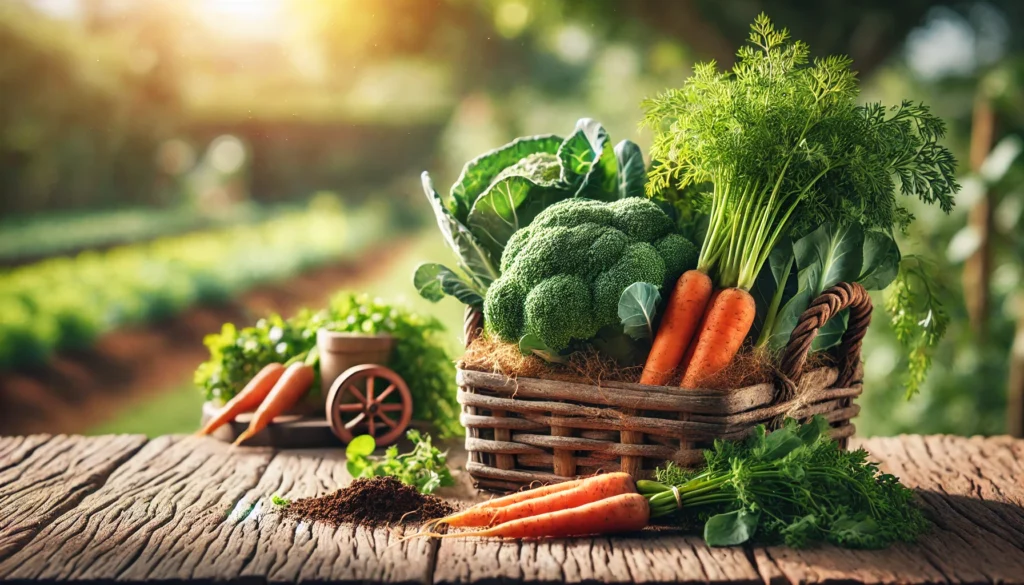 Are Carrots a Good Source of Fiber? Comparing Fiber Content in Carrots, Broccoli, and Leafy Greens 3 A farm-to-table scene featuring freshly harvested carrots, broccoli, and leafy greens in a rustic basket, with sunlight filtering through a garden backdrop for an organic and wholesome feel.