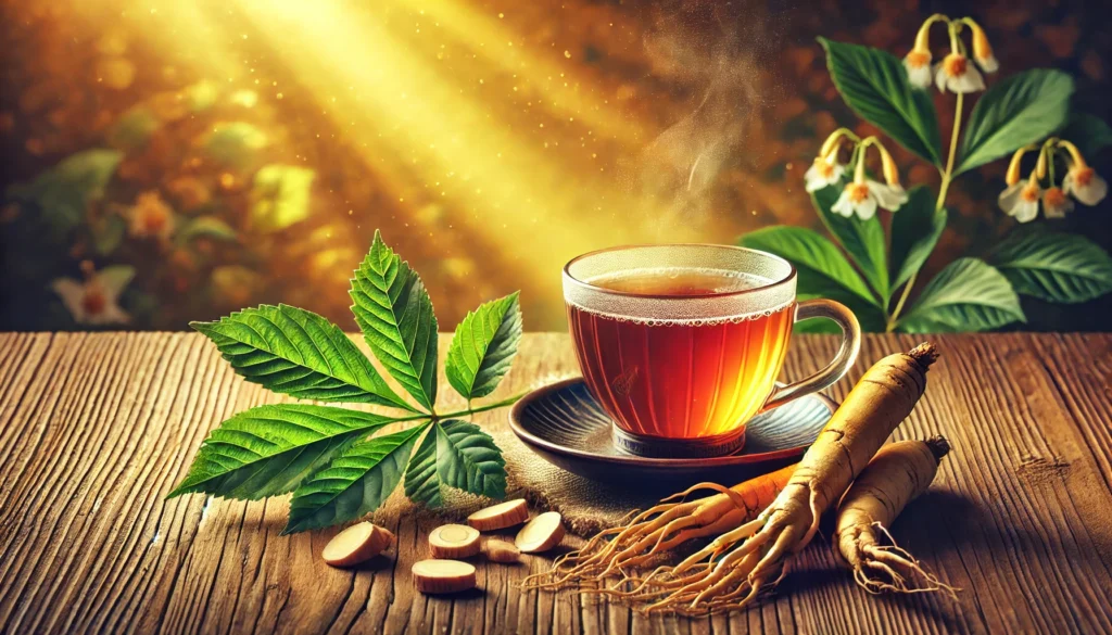 How North American Ginseng Supports Gut Health: The Science Behind Its Digestive Benefits 3 A steaming cup of American ginseng tea on a wooden table, accompanied by fresh ginseng roots and leaves, evoking a sense of tranquility, natural healing, and digestive support.