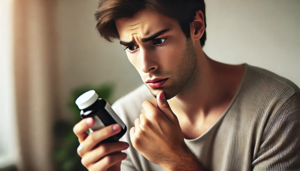 Can Ashwagandha Cause Dizziness or Allergic Reactions? What You Need to Know 3 A person examining a bottle of herbal supplements, looking concerned as they read the label. The blurred background focuses on their cautious expression and the supplement bottle.