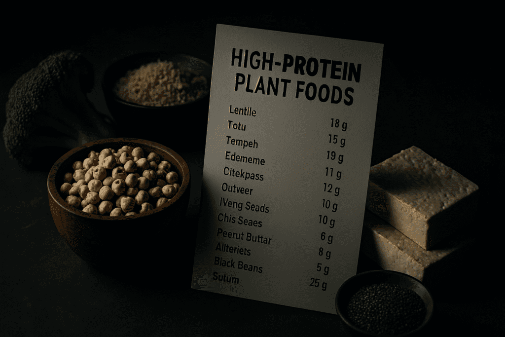 A dark, dramatic scene features a printed chart titled "High-Protein Plant Foods" surrounded by bowls of tofu, chickpeas, chia seeds, and broccoli, with striking shadows and minimal lighting adding a bold visual tone. The image powerfully communicates how to get enough protein as a vegetarian using nutrient-rich plant foods.